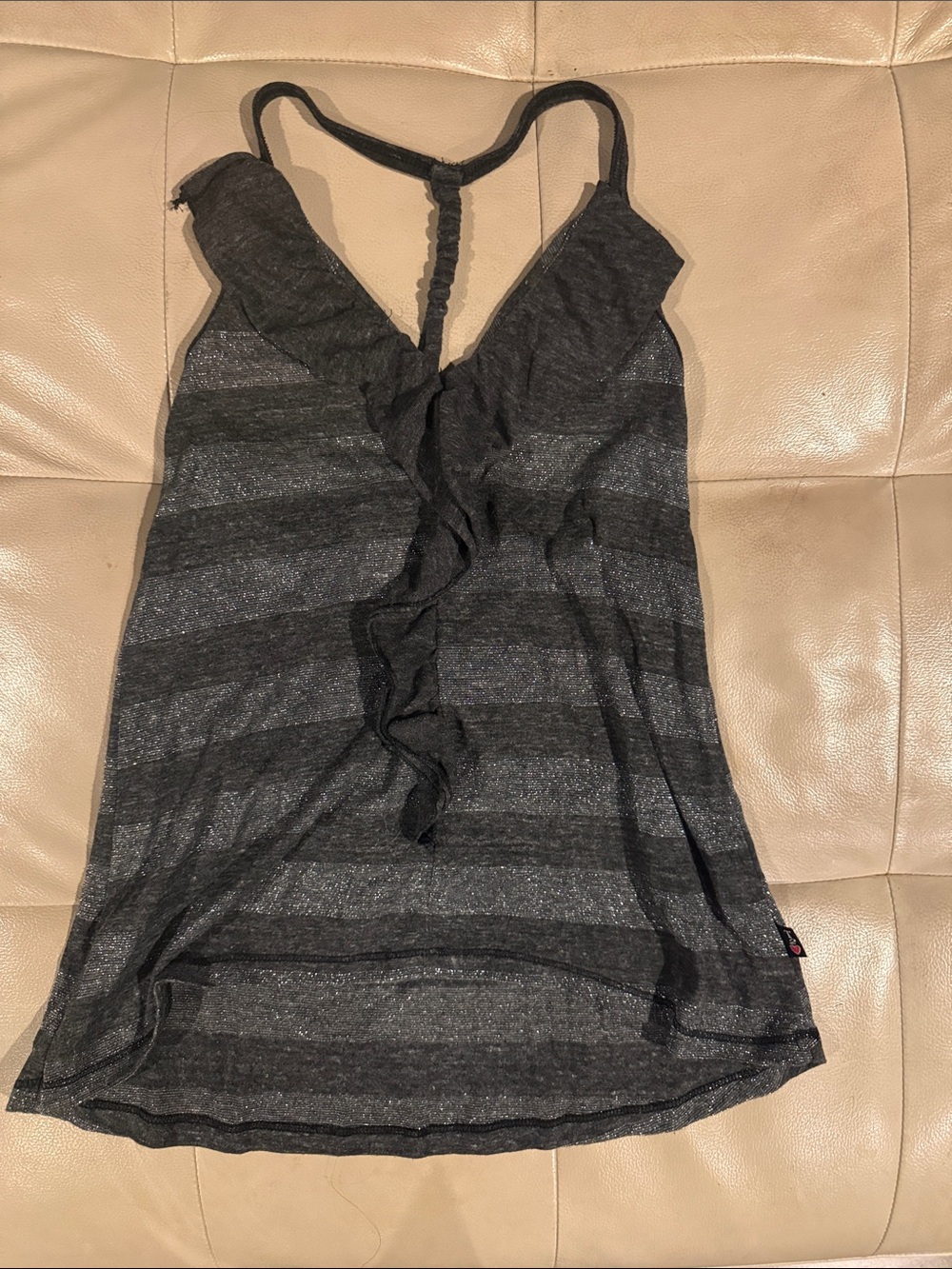 T2 Love Black & Gray Striped Ruffle Racerback Tank